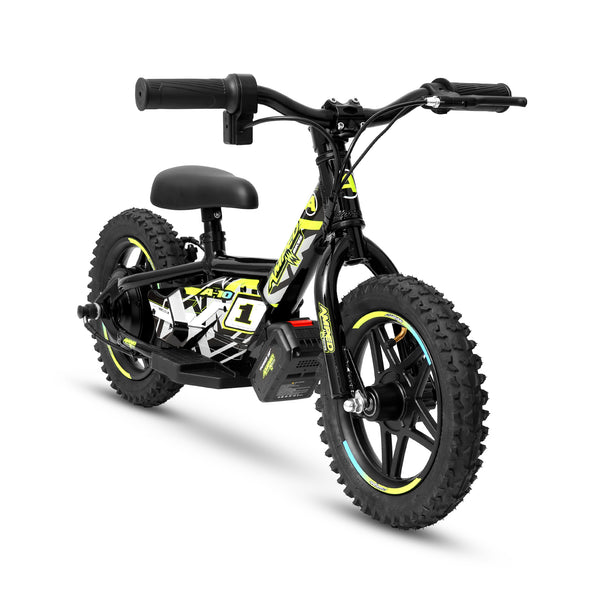 Amped A10 Children's balance bike with black frame, yellow accents, and large wheels on a white background