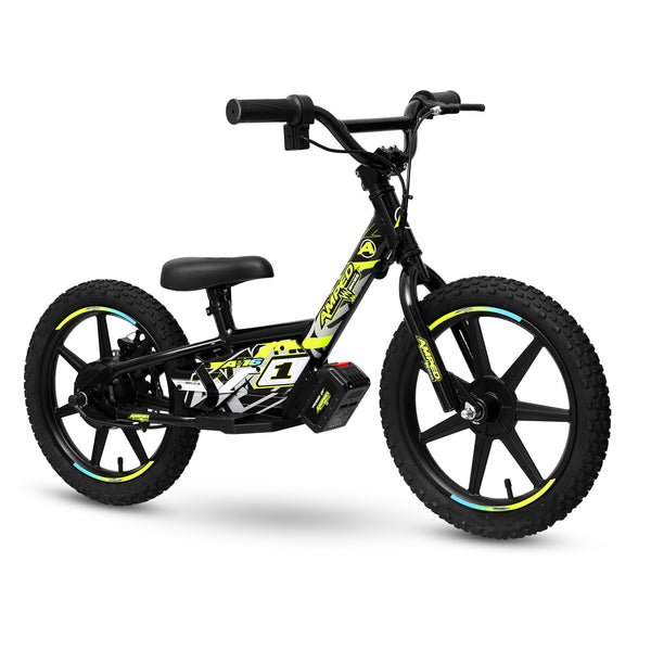 Amped A16 Children's electric balance bike with black frame and yellow accents on a white background
