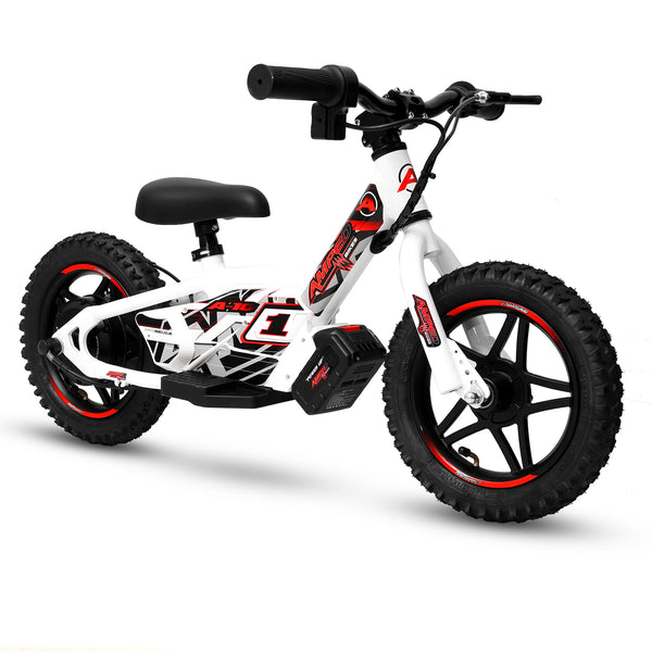 Amped A10 Children's  electric balance bike with black and red accents on a white background