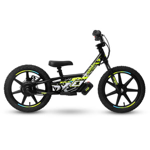 Amped A16 Children's electric bike with black frame and yellow accents on a white background side