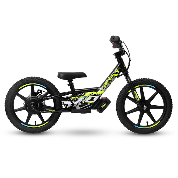 Amped A16 Children's electric bike with black frame and yellow accents on a white background side