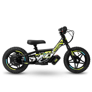 Amped A10 Children's balance bike with black frame and yellow accents on a white background side view 2