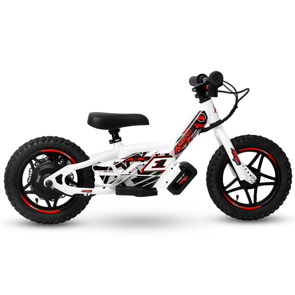 White Amped A10 Children's electric bicycle with red accents on a white background side view