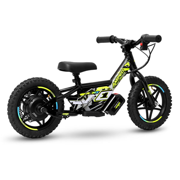 Amped A10 Children's electric bike with black frame and yellow accents on a white background side view