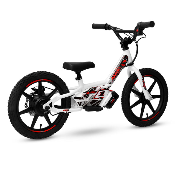 White Amped A16 Children's electric bicycle with black tires and red accents on a white background