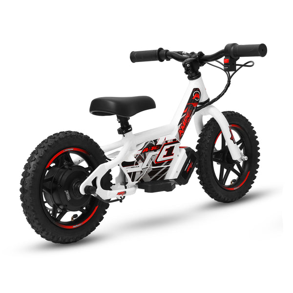 White Amped A10 Children's electric balance bike with black seat and red accents on a white background