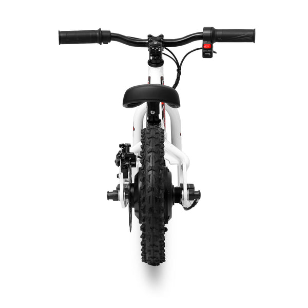 Amped A10 Children's electric  bicycle with black tires and handlebars on a white background rear view
