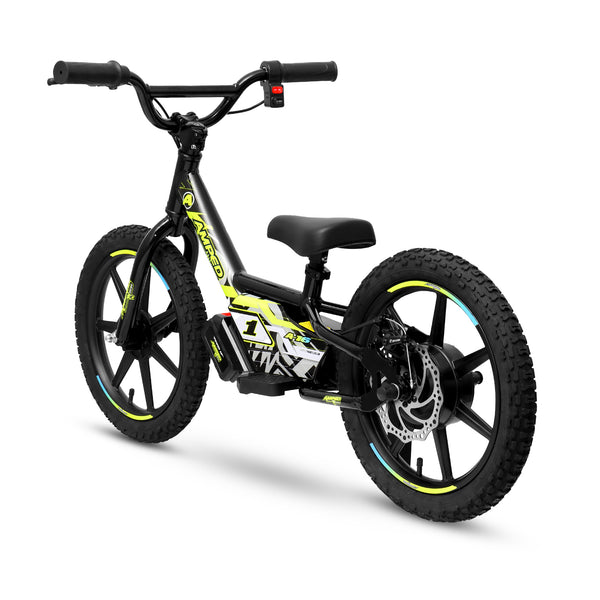 Amped A16 Children's electric balance bike with black frame, yellow accents, and visible brand logo on a white background