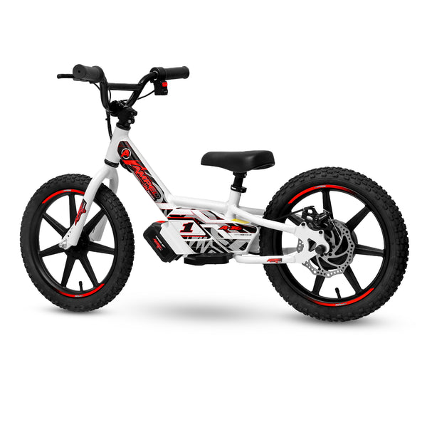White Amped A16 Children's electric bike with black seat and red accents on a white background