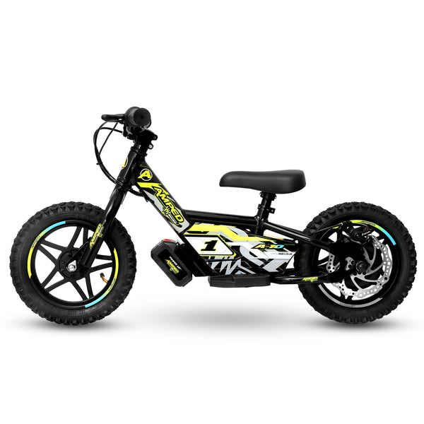 Amped A10 Electric balance bike with black frame and yellow accents on a white background
