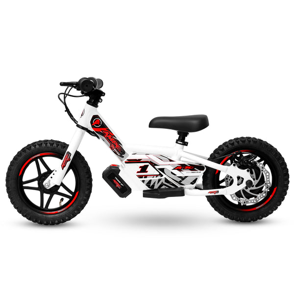 Amped A10 Children's electric  bike with white frame, black seat, and red accents on a white background side view