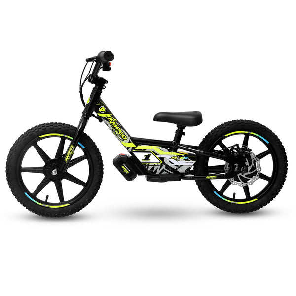 Amped A16 Children's electric bicycle with black frame and yellow accents on a white background side view