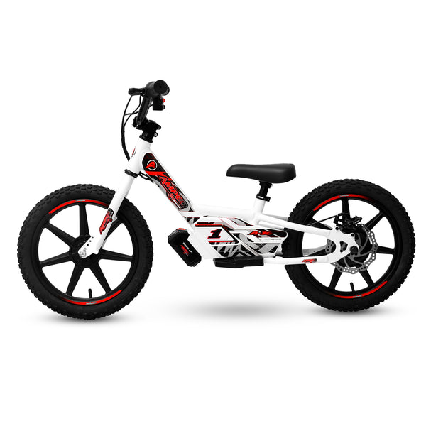 White Amped A16 Children's electric bicycle with black seat and red accents on a white background