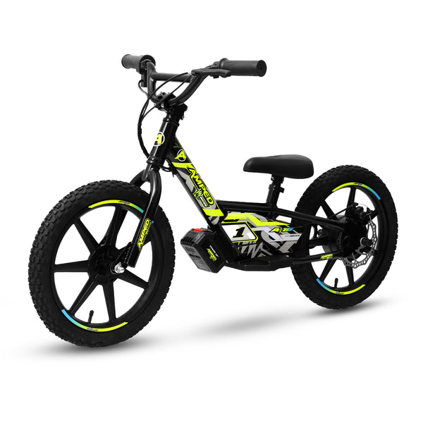 Amped A16 Children's electric bike with black frame and green accents on a white background front and side
