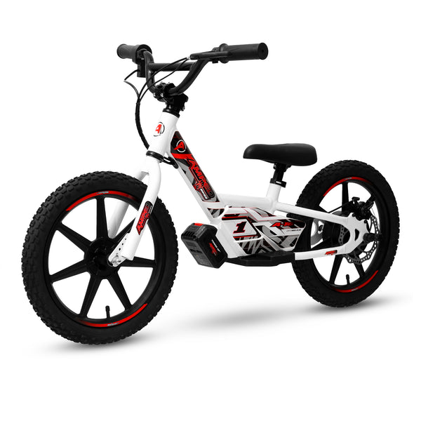 Amped A16 Children's electric White balance bike with black and red accents on a white background
