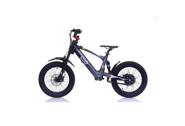 New Revvi 18" Black kids electric balance bike in black side view