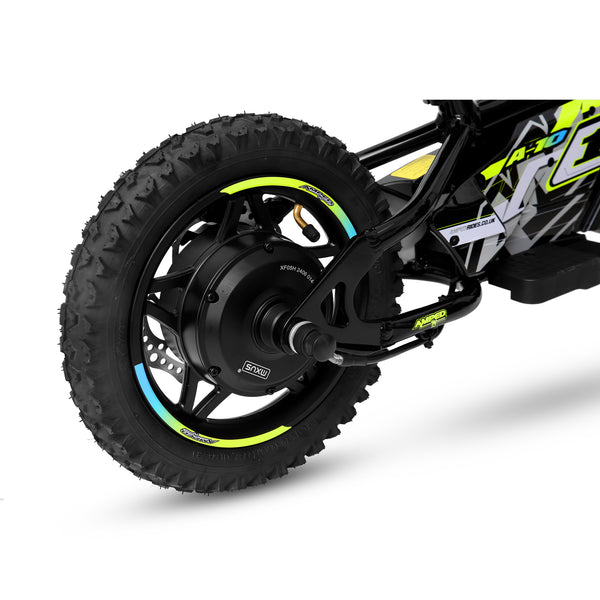 Close-up of a Amped A10 kids electricbike wheel with visible brand logos on a white background