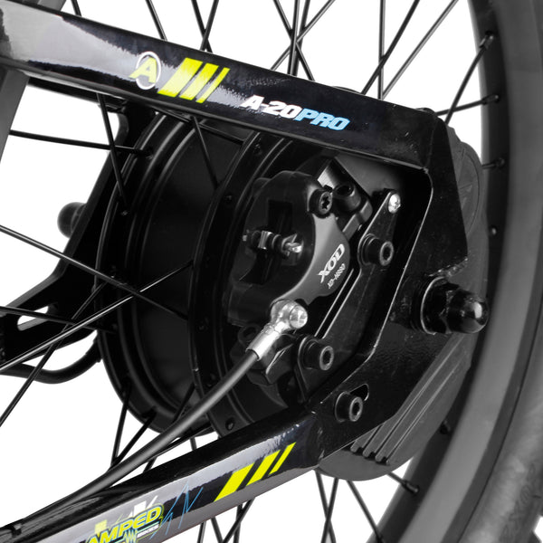 Amped A20 pro Close-up of a bicycle wheel with 'A20 Pro' branding on a white background