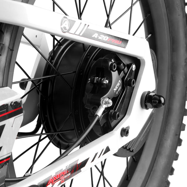 Amped A20 pro Close-up of a bicycle wheel with a gear and Hub motor mechanism on a white background