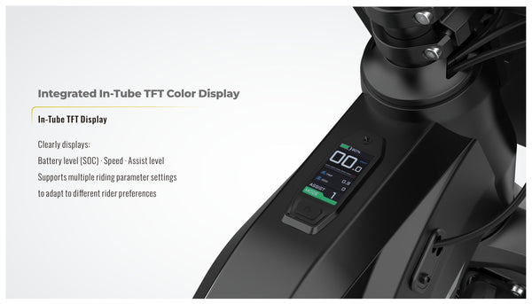 Revvi 24" bike in black Integrated in-tube TFT color display on a bike frame with text explaining its features.
