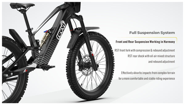Revvi 24" bike in black  Electric bike with full suspension system on a white background