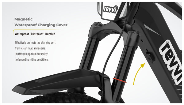 Revvi 24" bike in black charging port
